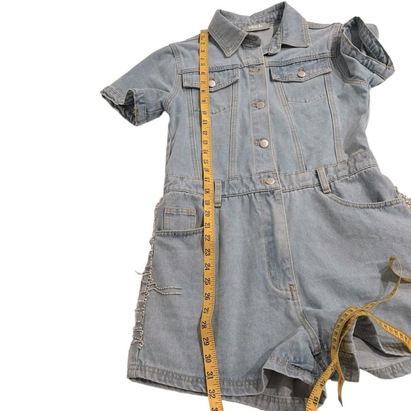 Blue B Rhinestone Fringe Light Wash Denim Romper Western Sparkle Size Small - Picture 11 of 15